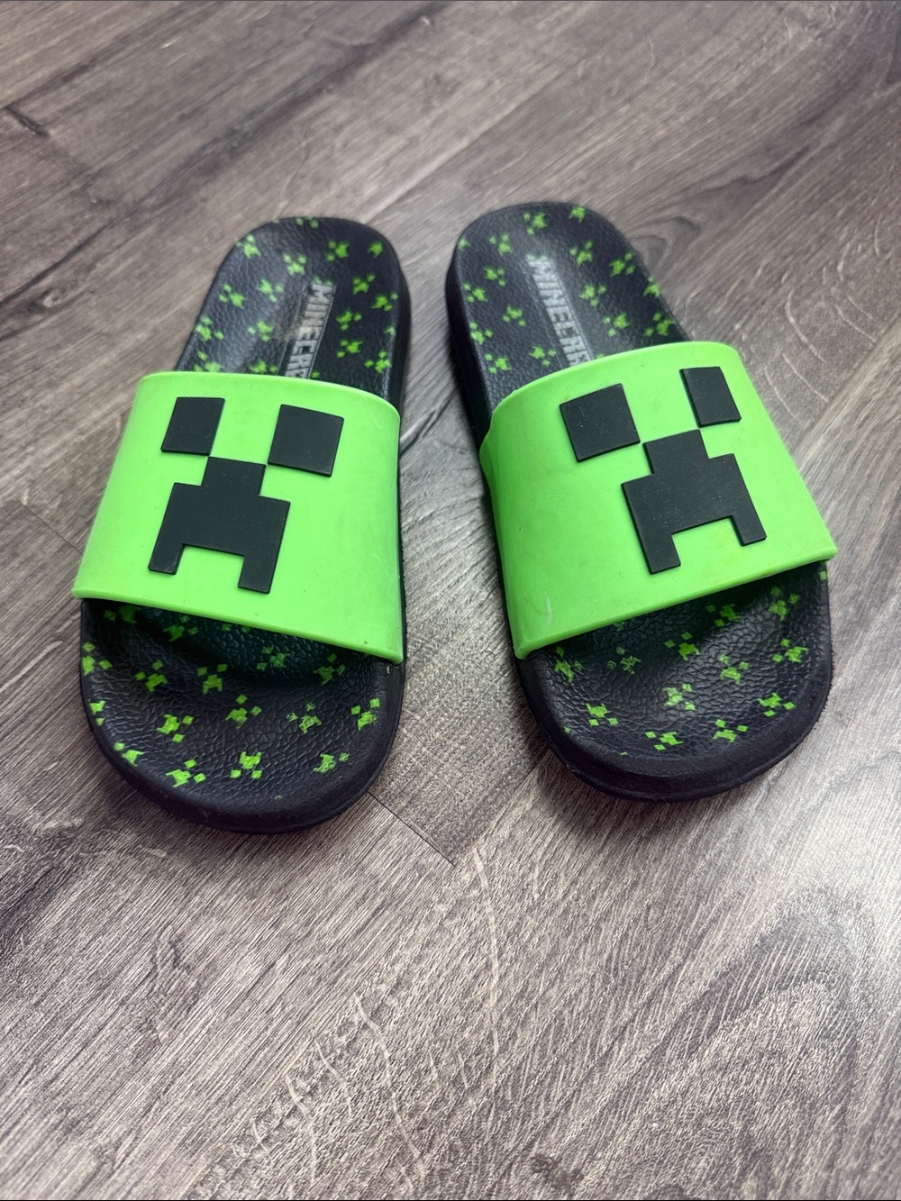 Amazon Kids' Neon Green and Black Minecraft Creeper Slide Sandals